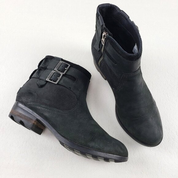 Sorel Lolla Waterproof Ankle Boot Womens 9 Black Leather Side Zip Buckle Moto - Picture 1 of 11